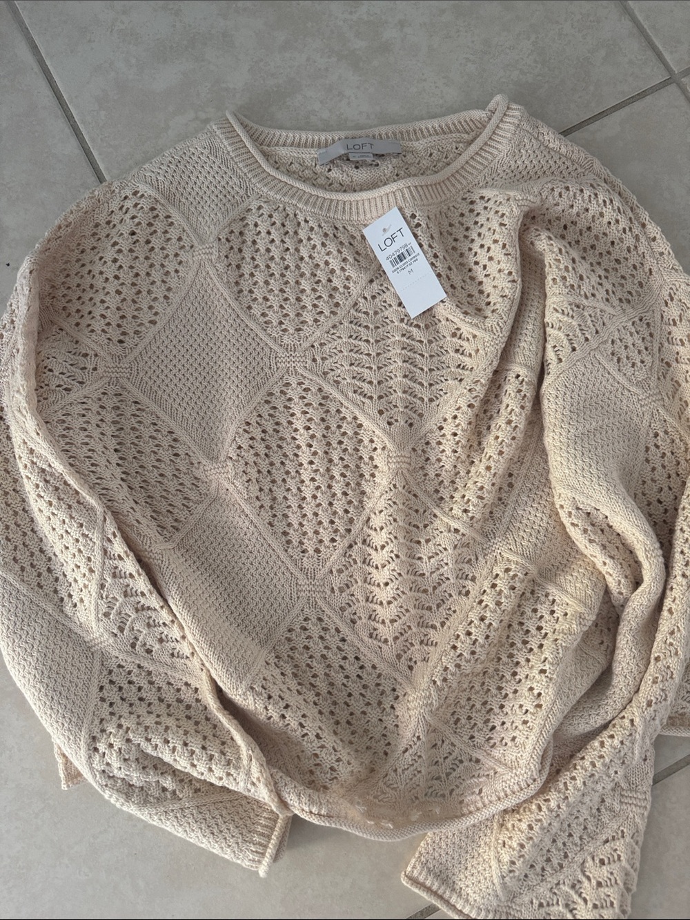 LOFT Cream Openwork Crewneck Sweater